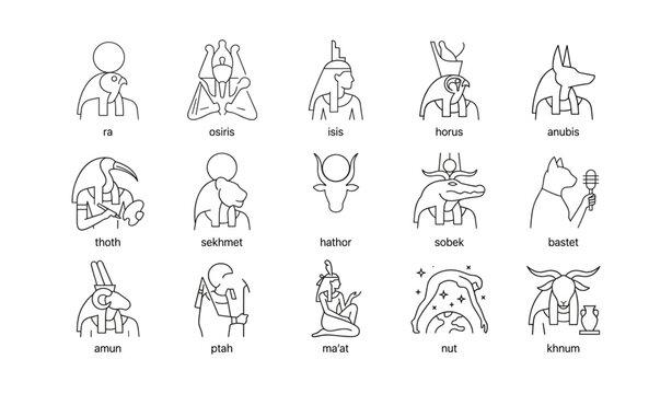 Egyptian deity icons arranged in rows on white background