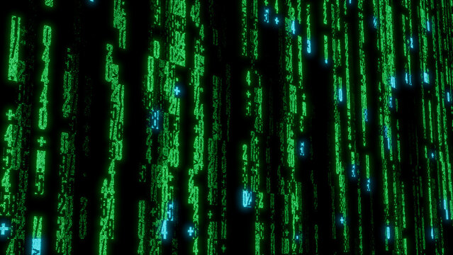 Futuristic Digital Matrix of Green and Blue Text on Black Background with Depth and Motion for Technology and Digital Transformation Concepts