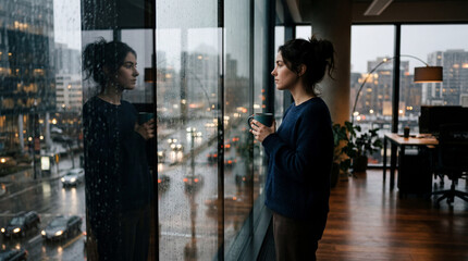 Fototapeta premium Rainy Day Window Gazing: Single woman standing by a floor-to-ceiling office window watching rain, holding a mug, side profile and reflection, mind drifting, brief pause