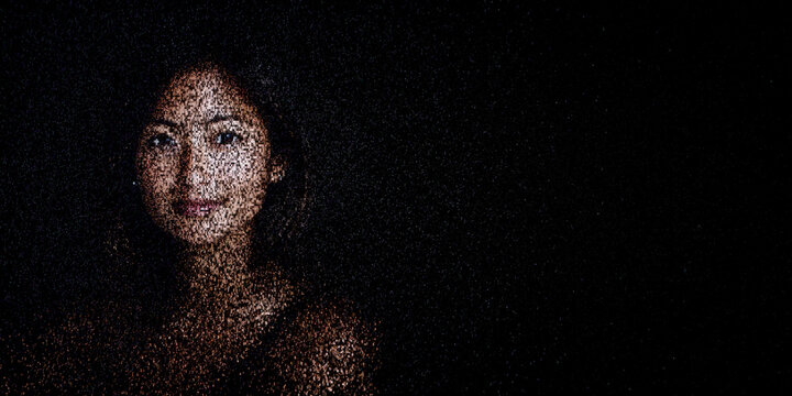 Digital ID Portrait of Woman with Face made up of Numbers and Symbols. Liveness detection Concept with copy-space.