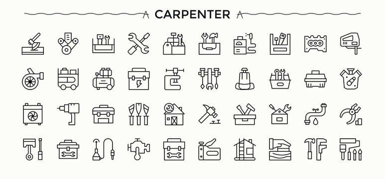 Carpenter Tools icon set. Includes symbols for wood craft, tool, craft, carpentry, tools and more. Tool modern icon set. Minimalist icons collection. Editable stroke.