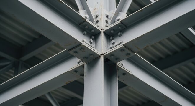 Close-up view of a gray steel beam and column structural joint assembly with visible bolts and plates