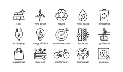 Fototapeta premium Eco and sustainability icons arranged in grid on white background