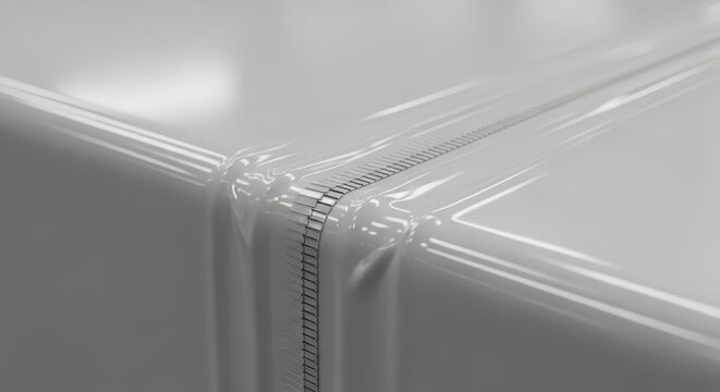 Detailed close-up view of a shiny plastic wrap seam with intricate texture and light reflections