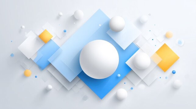 Overlapping geometric shapes and spheres create a modern, dynamic abstract background composition