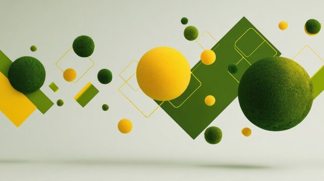 Various geometric shapes in shades of yellow and green float across a pale background