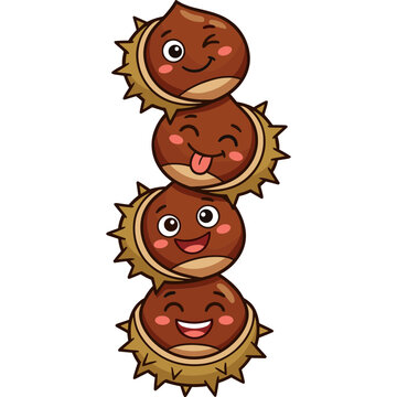 Three cartoon chestnuts stacked vertically with happy faces.