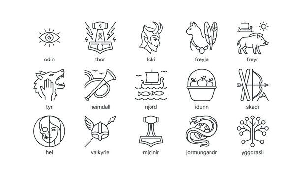 Norse mythology deity icons arranged in labeled grid layout