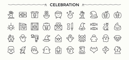 Fototapeta premium Celebration icon set in linear style. Vector outline icons collection. Editable vector art. Festival icon set. Included decoration, anniversary, event, entertainment, birthday, party and more.