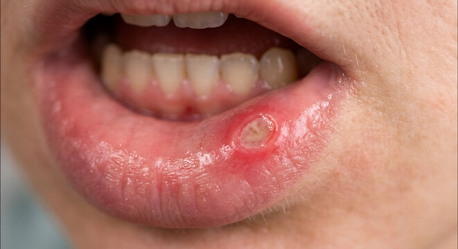 Close-up of a Painful Canker Sore
on Inner Lower Lip
