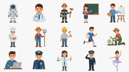Fototapeta premium Creative Colorful Flat Set of 15 Diverse Cartoon Characters Representing Various Professions and Activities