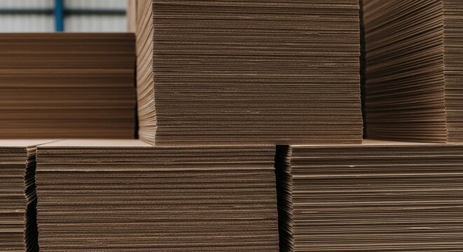 Large stacks of corrugated cardboard sheets in an industrial setting, representing raw material for packaging and manufacturing.