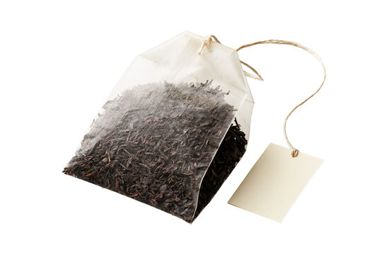Tea bag with tag on transparent background