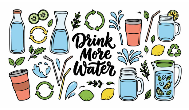Zero Waste Drink More Water Hand Drawn Doodle Vector Collection with Reusable Glass Containers on White Background
