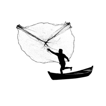 Fishing, silhouette of man in boat, throwing net, black illustration, vector graphic