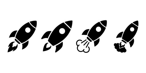 Four black rocket ship icons in different stages of launch © SK Stock