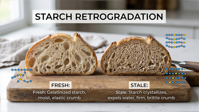 Revealing the molecular transformation of bread from fresh elasticity to stale firmness on a bright kitchen counter