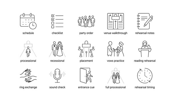 Wedding rehearsal icons showing planning steps and ceremony cues
