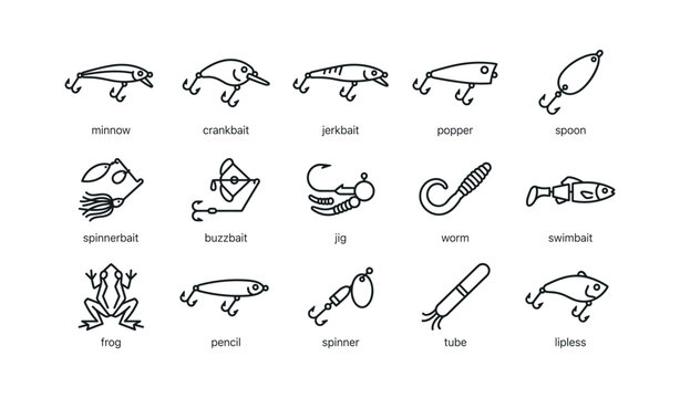 Fishing lure icons showing bait types and tackle on white