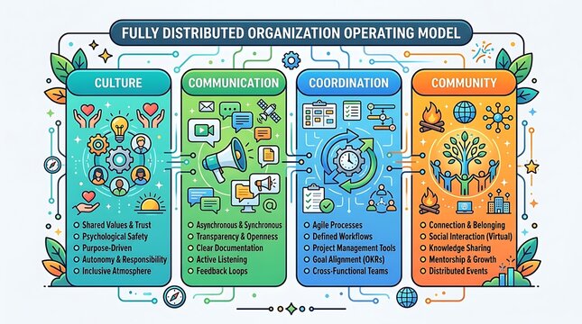 Distributed organization operating model with four core pillars