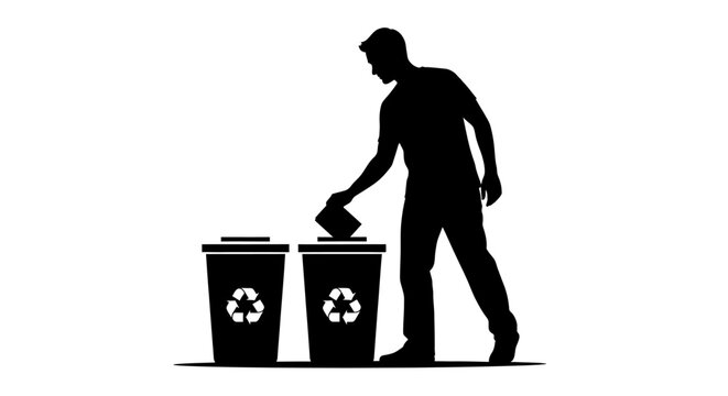 Man throwing paper into recycling bin silhouette
