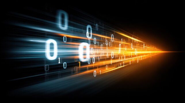 Digital information streams accelerate rapidly toward a distant vanishing point.