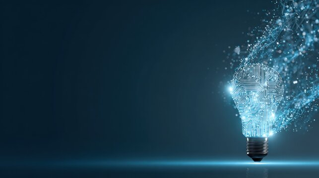 Illuminated conceptual representation of innovative thinking dissolving into digital data streams suggests technological advancement