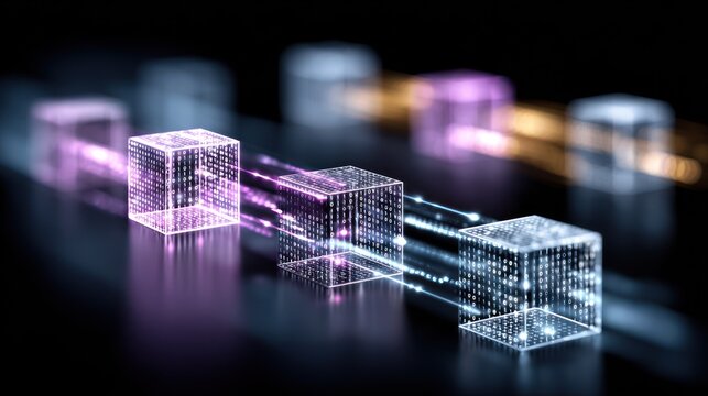 Illuminated digital cubes transmit streams of data across a dark, reflective surface.