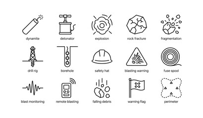 Fototapeta premium Blasting and explosives icons displayed in grid on white background