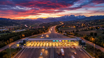 Modern toll plaza viewed from above during sunset, vivid red and purple clouds filling the sky.
