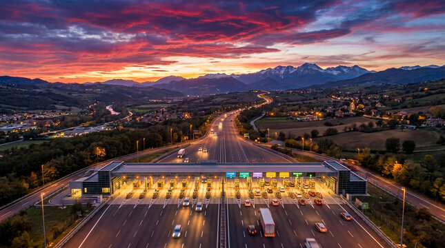 Modern toll plaza viewed from above during sunset, vivid red and purple clouds filling the sky.