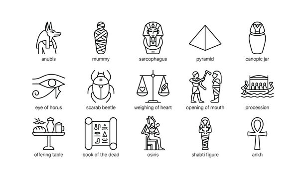 Ancient egyptian icons depicting funerary symbols on white background