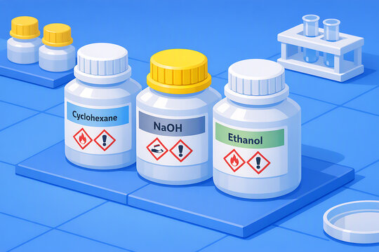 Isometric Illustration of Chemical Liquid Bottles with Hazard Warning Symbols in a Science Laboratory Environment