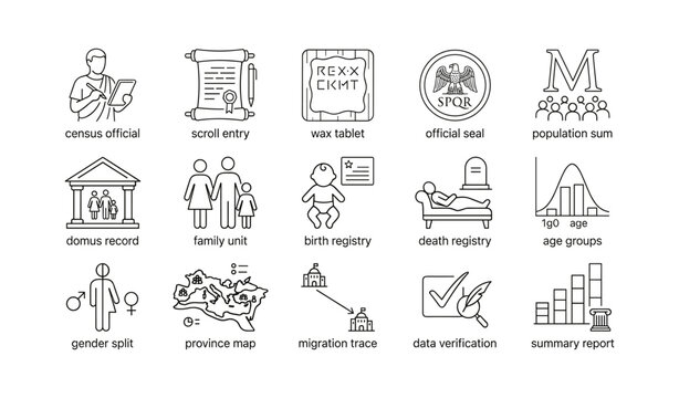 Census and demographic icons representing records and statistics