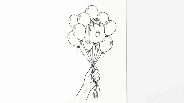 A hand holding a bunch of balloons with a shopping bag attached.
