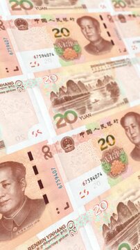 Seamless Loop Chinese Twenty Yuan Renminbi Banknotes Stack, Horizontal Orientation, CNY Money Wealth Concept for Business