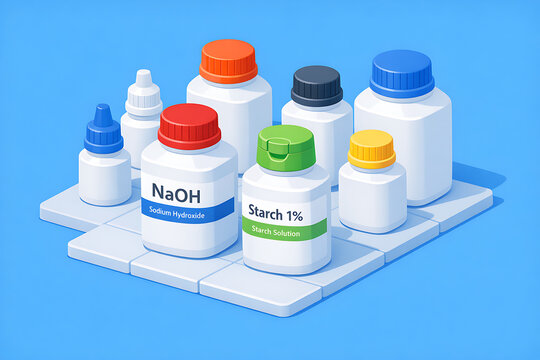 Isometric Chemical Liquid Bottles with Sodium Hydroxide and Starch Solution Labels, Hazard Substance in Laboratory Containers
