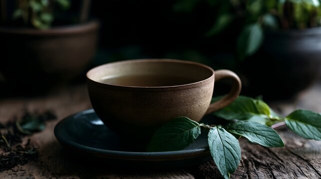 A dramatic still life of a calm herbal tea cup featuring earthy tones and rustic textures evoking a sense of warmth and tranquility