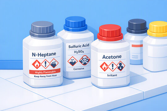 Hazardous Chemical Liquid Bottles with GHS Safety Labels for Laboratory Use Isometric Illustration