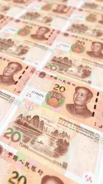 Seamless Looping Chinese Twenty Yuan Banknotes Stack, Vertical Orientation, CNY Currency Background for Social Media Finance