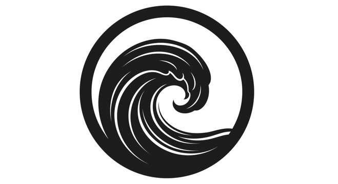 Black circular ocean wave surfing icon.