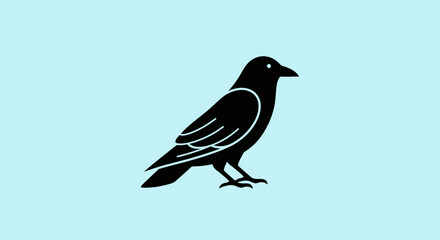 Obraz premium Black crow silhouette perched on light blue background.