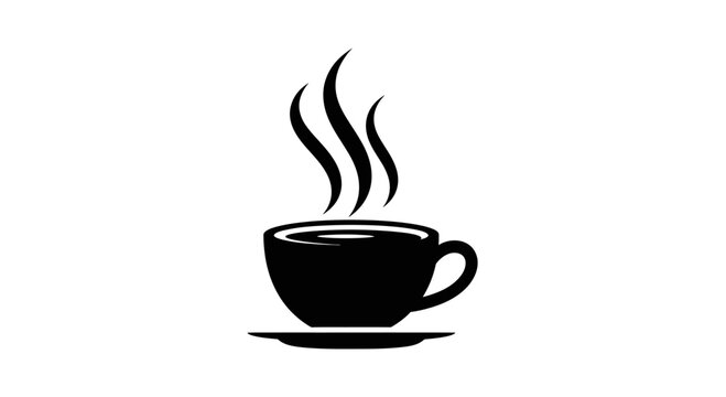 Black coffee cup on saucer with steam icon