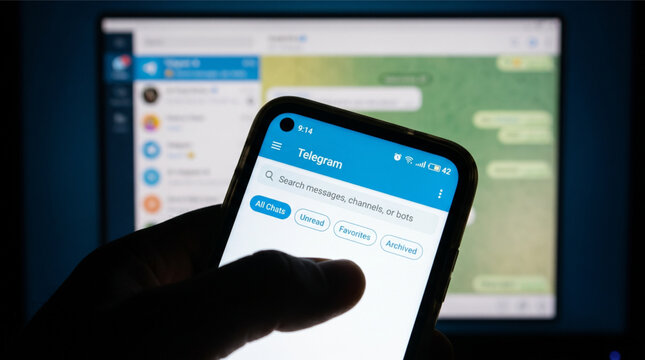 Close-up of a hand holding a smartphone displaying the Telegram messaging app interface in a dark room with the blurred Telegram desktop application on a computer monitor in the background.