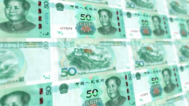Seamless Looping Animation of Chinese Fifty Yuan Banknotes Stack, Horizontal Orientation, CNY Currency Finance Background