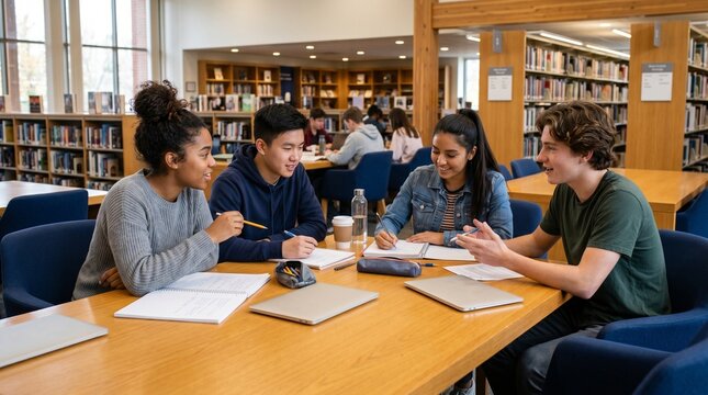 Diverse group of students studying together at library table  