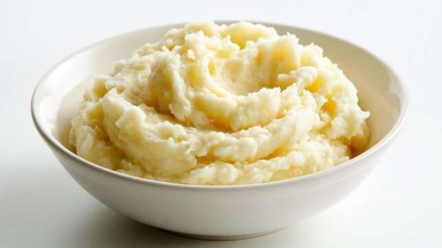 Bowl of yummy mashed potatoes sits on a white surface.
