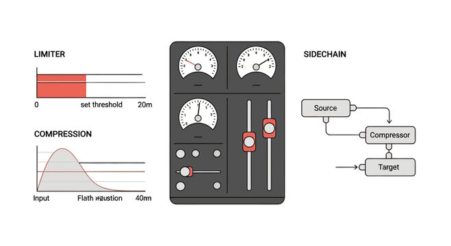 Audio engineering interface with VU meters and signal flow.