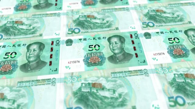 Animated Loop of Chinese 50 Yuan Banknotes Arrangement, Horizontal Video, CNY Financial Banking Concept Background