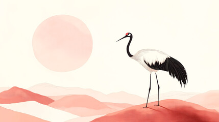 Obraz premium Minimal Red Crowned Crane in Pastel Mountain Landscape